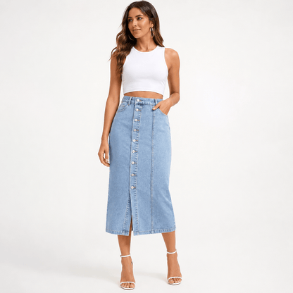 Women’s High Waisted Denim Maxi Skirt Button Front Split Skirt