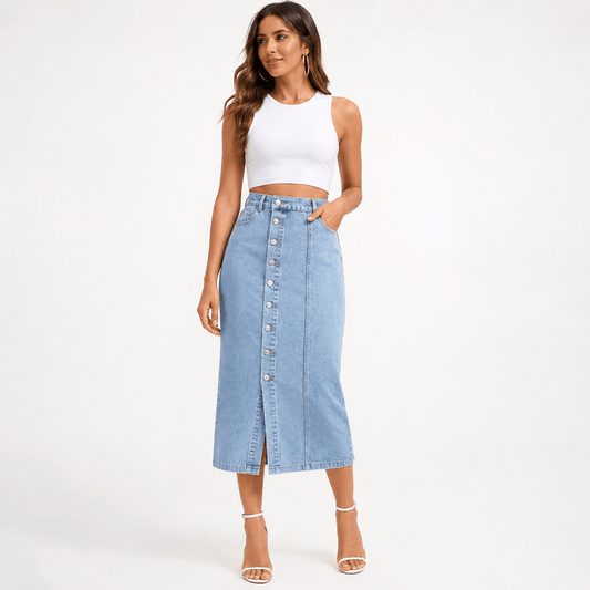 Women’s High Waisted Denim Maxi Skirt Button Front Split Skirt
