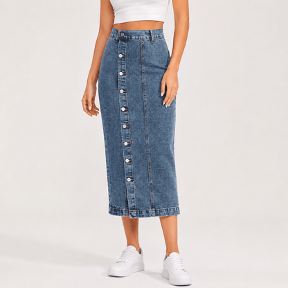 Women’s High Waisted Denim Maxi Skirt Button Front Split Skirt