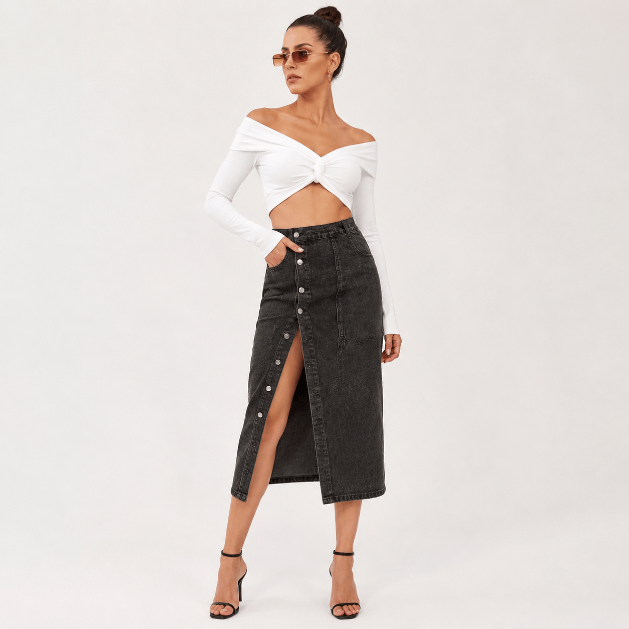 Women’s High Waisted Denim Maxi Skirt Button Front Split Skirt