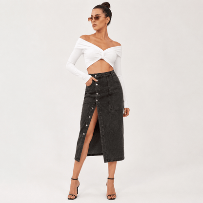 Women’s High Waisted Denim Maxi Skirt Button Front Split Skirt