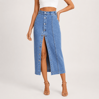 Women’s High Waisted Denim Maxi Skirt Button Front Split Skirt