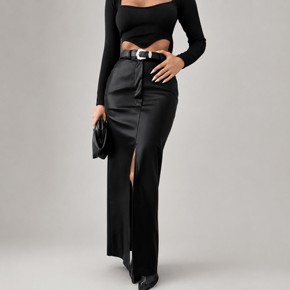 Women’s High Waisted Asymmetric Maxi Skirt Front Split Slim Fit Skirt