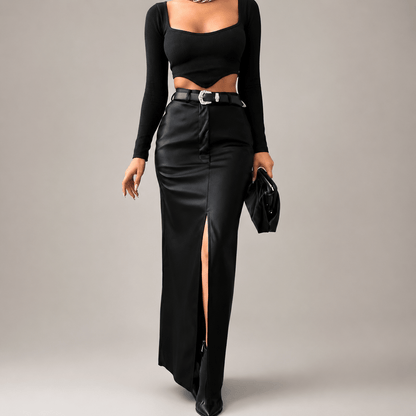 Women’s High Waisted Asymmetric Maxi Skirt Front Split Slim Fit Skirt