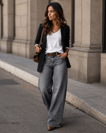 Women’s Grey High Waist Wide Leg Flared Denim Jeans
