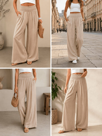 Women’s High Waist Smocked Wide Leg Palazzo Trousers