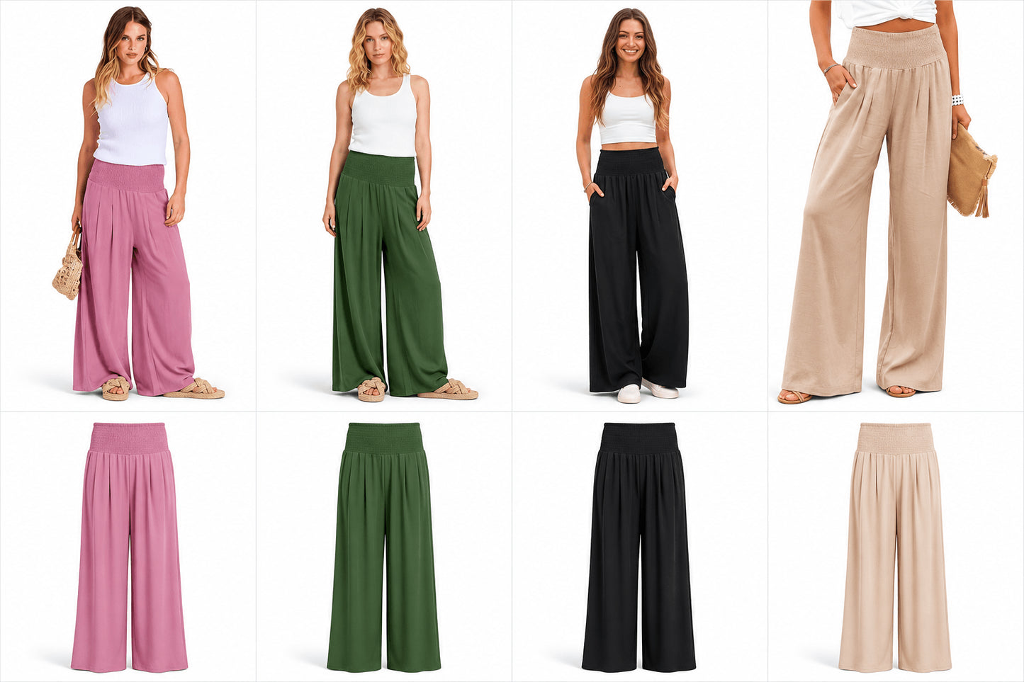 Women’s High Waist Smocked Wide Leg Palazzo Trousers