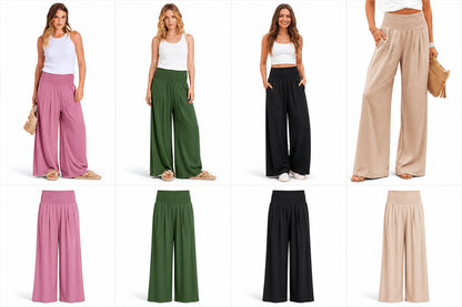 Women’s High Waist Smocked Wide Leg Palazzo Trousers