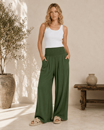Women’s High Waist Smocked Wide Leg Palazzo Trousers