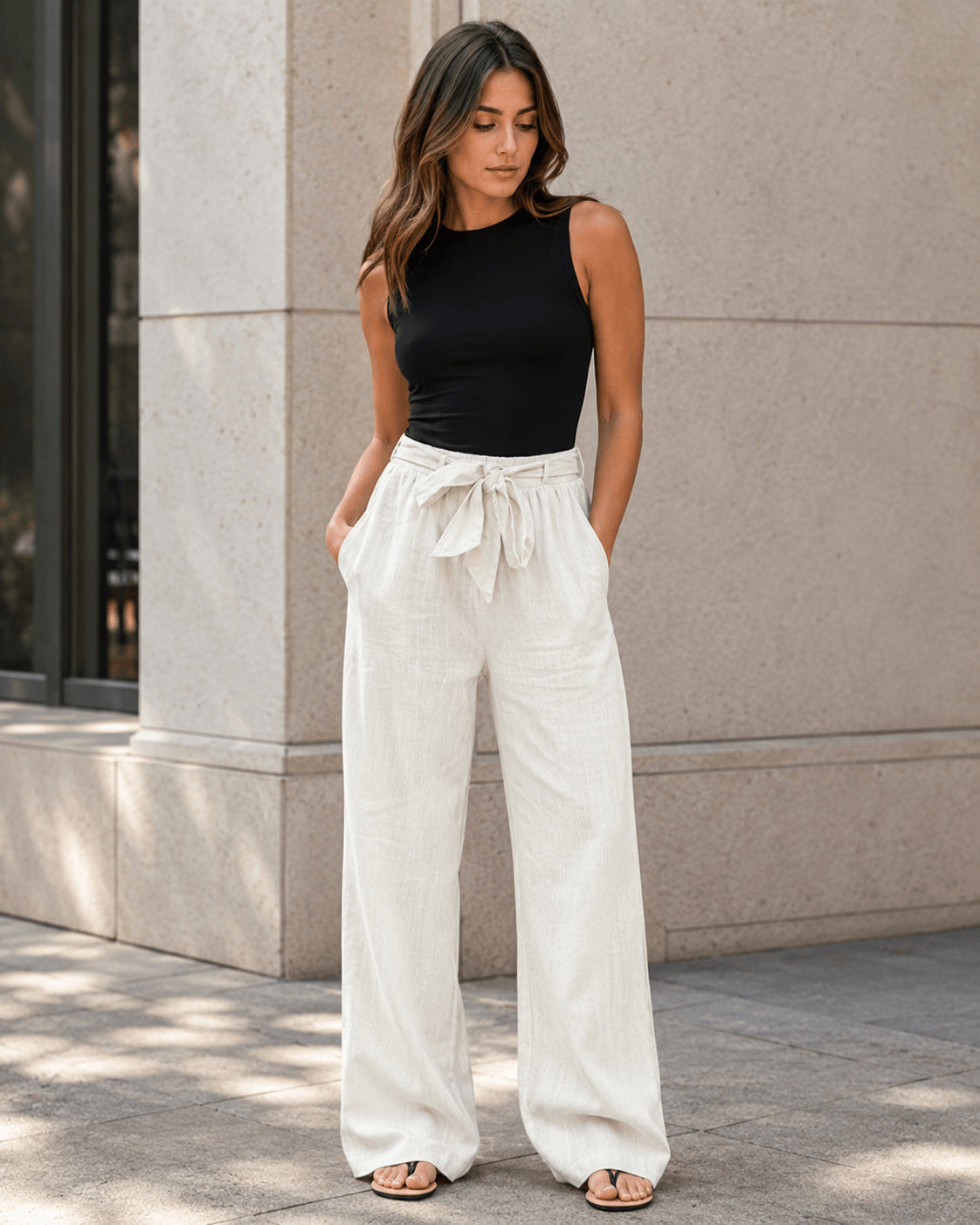 Women’s Cotton Linen Blend Drawstring Wide Leg Trousers