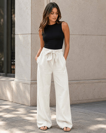 Women’s Cotton Linen Blend Drawstring Wide Leg Trousers