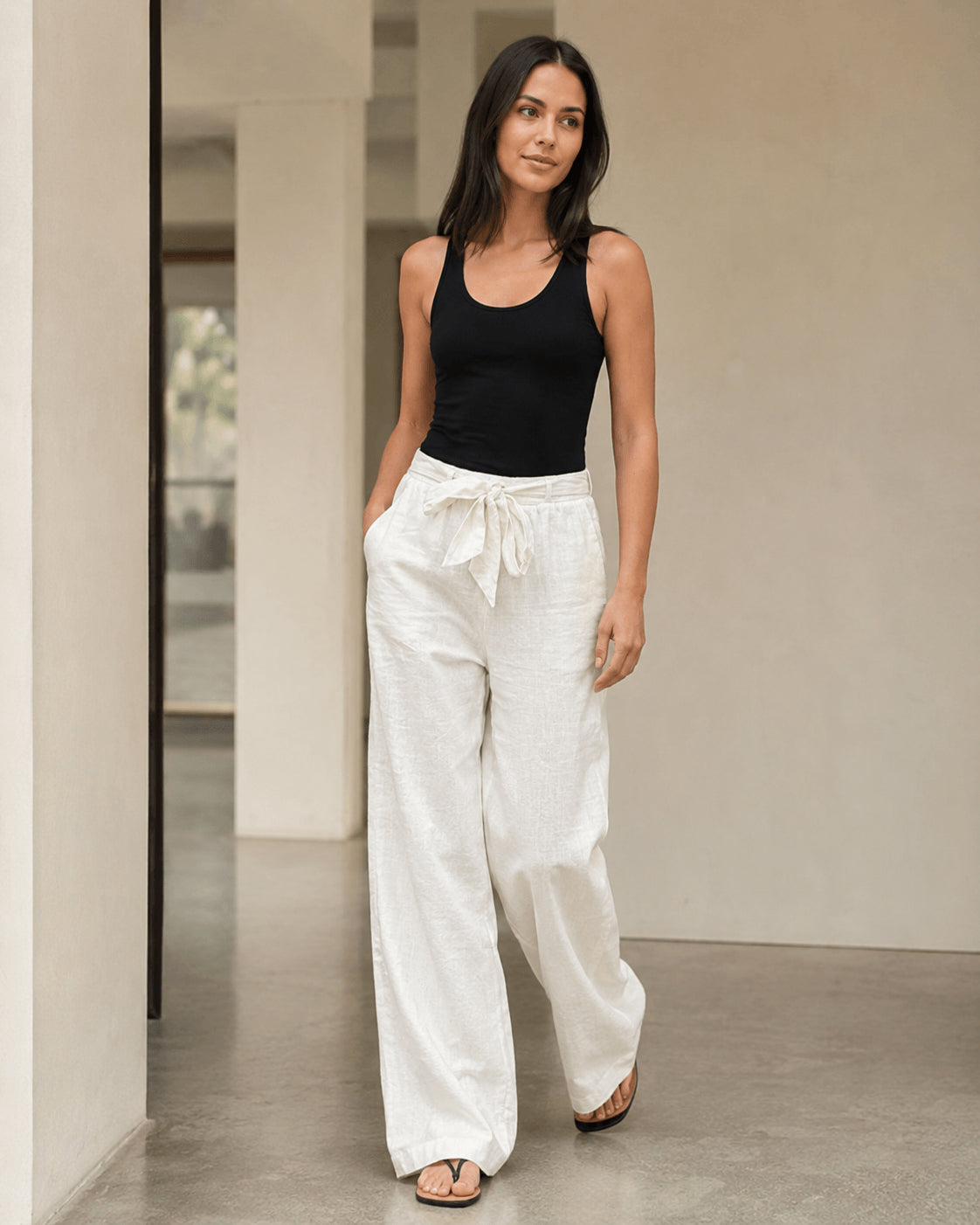 Women’s Cotton Linen Blend Drawstring Wide Leg Trousers