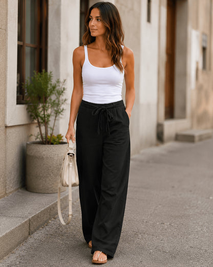 Women’s Cotton Linen Blend Drawstring Wide Leg Trousers