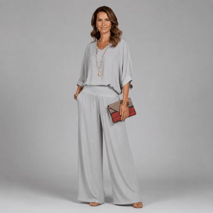 Women’s V-Neck Two Piece Co-Ord Set with Wide Leg Trousers
