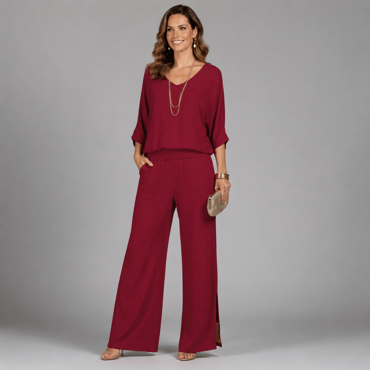 Women’s V-Neck Two Piece Co-Ord Set with Wide Leg Trousers