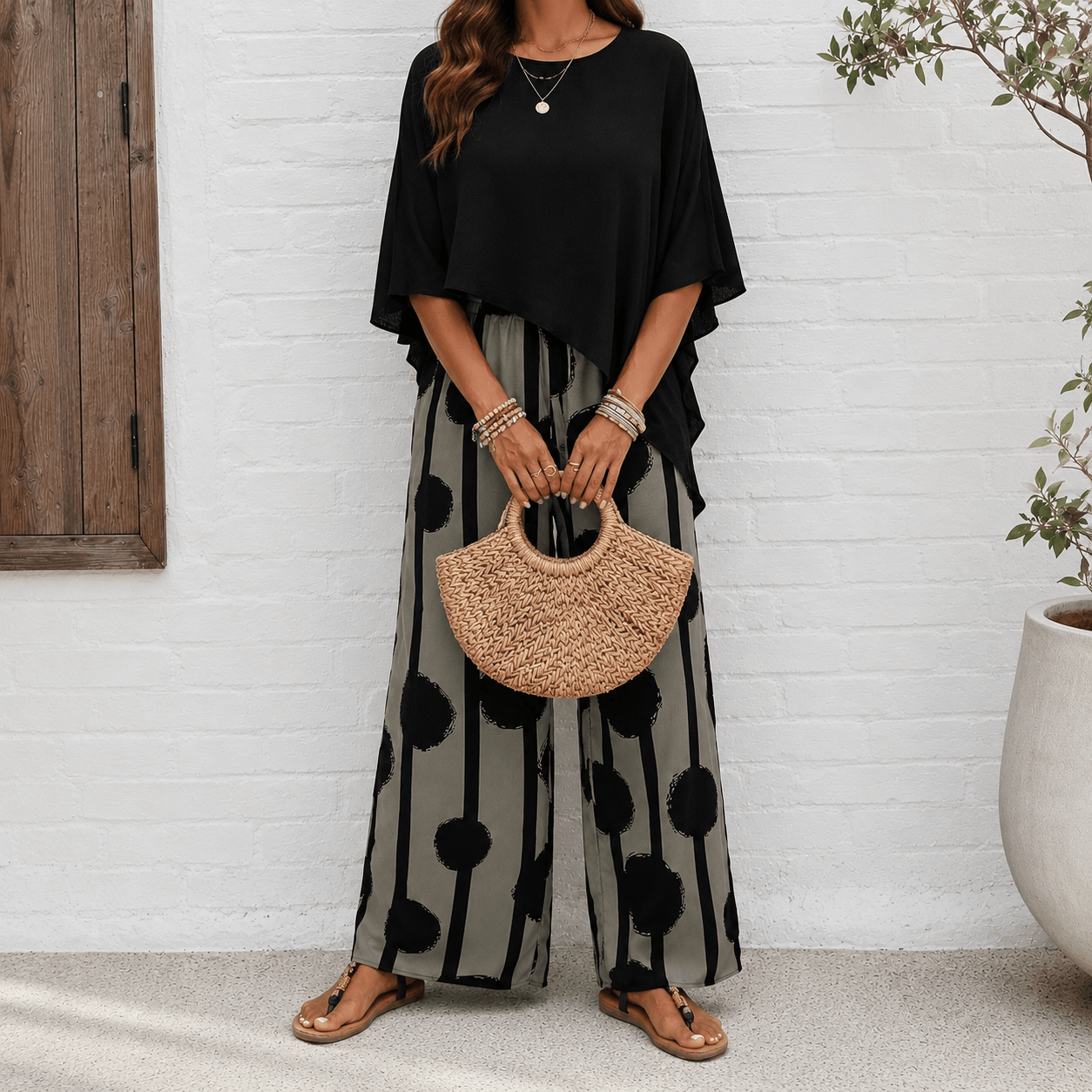 Women’s Two Piece Batwing Top & Printed Wide Leg Trousers Set