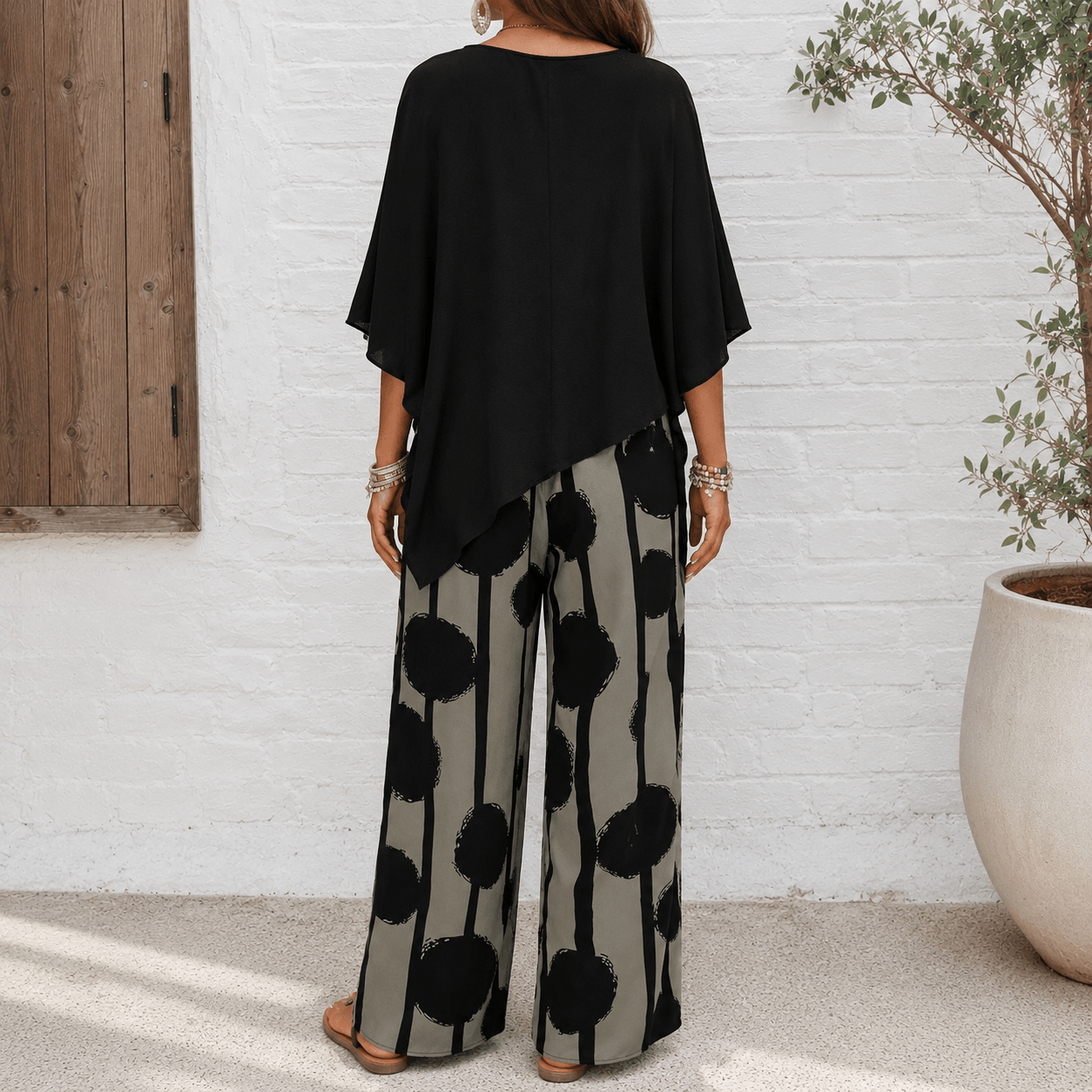 Women’s Two Piece Batwing Top & Printed Wide Leg Trousers Set