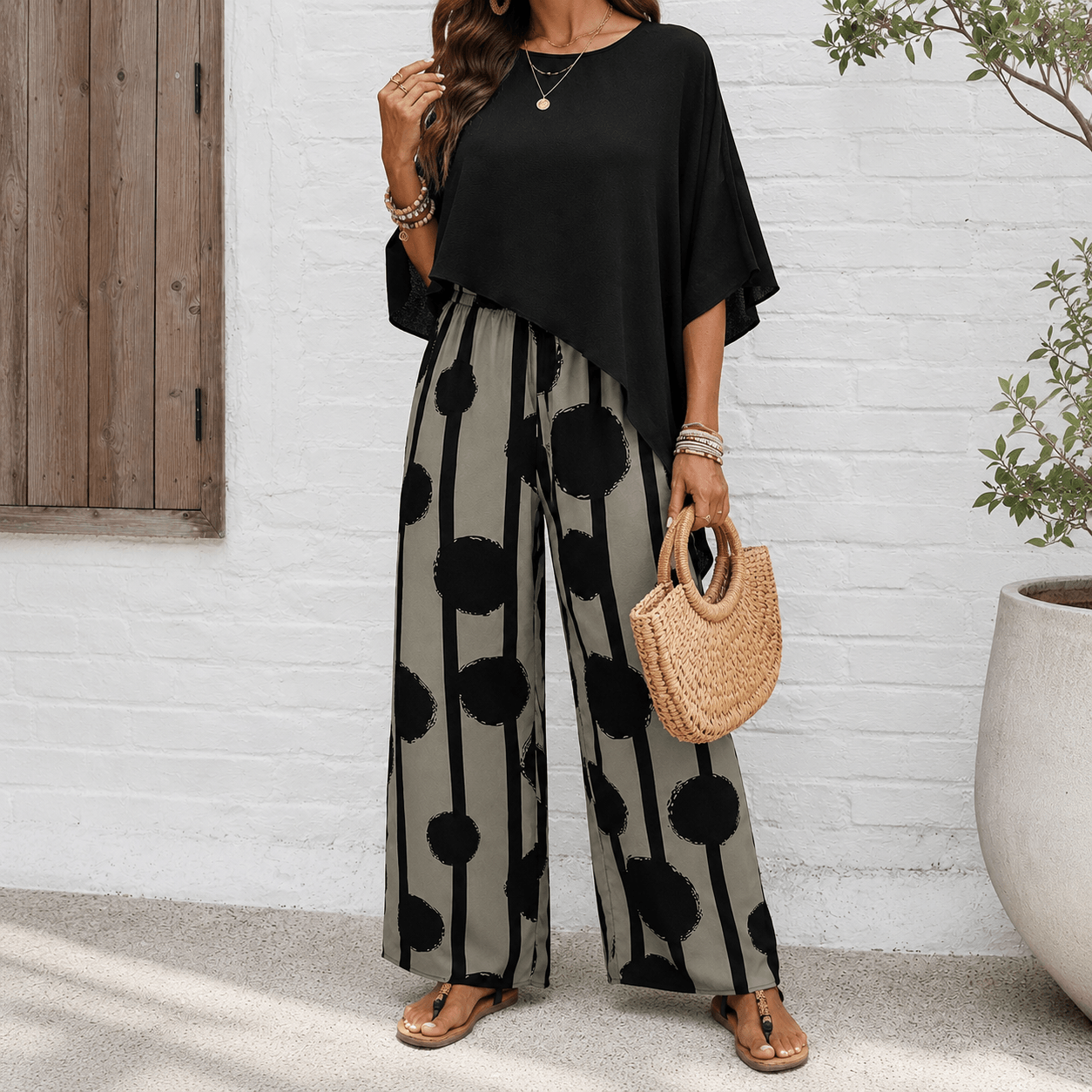 Women’s Two Piece Batwing Top & Printed Wide Leg Trousers Set