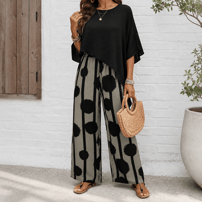 Women’s Two Piece Batwing Top & Printed Wide Leg Trousers Set