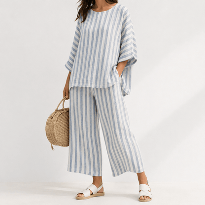 Women’s Striped Linen Two Piece Set Top & Wide Leg Cropped Trousers