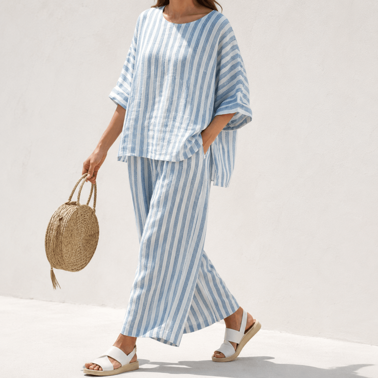 Women’s Striped Linen Two Piece Set Top & Wide Leg Cropped Trousers