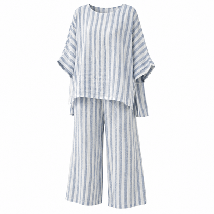 Women’s Striped Linen Two Piece Set Top & Wide Leg Cropped Trousers