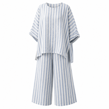 Women’s Striped Linen Two Piece Set Top & Wide Leg Cropped Trousers