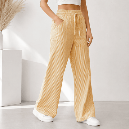 Women’s Striped Drawstring Wide Leg Trousers with Pockets