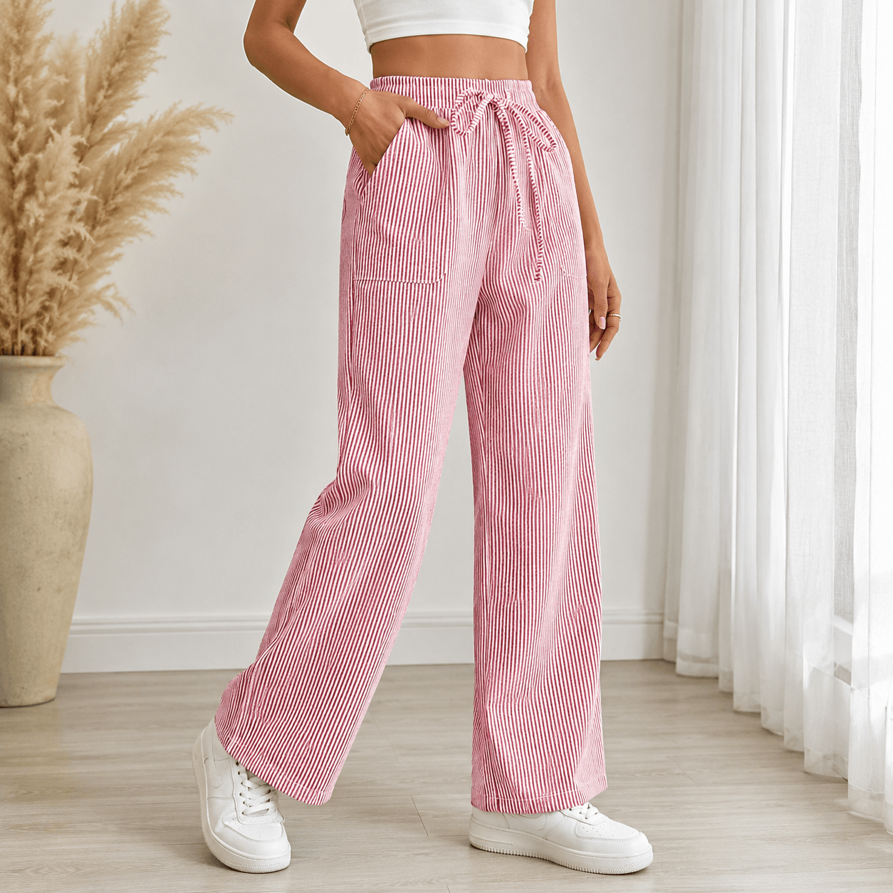 Women’s Striped Drawstring Wide Leg Trousers with Pockets