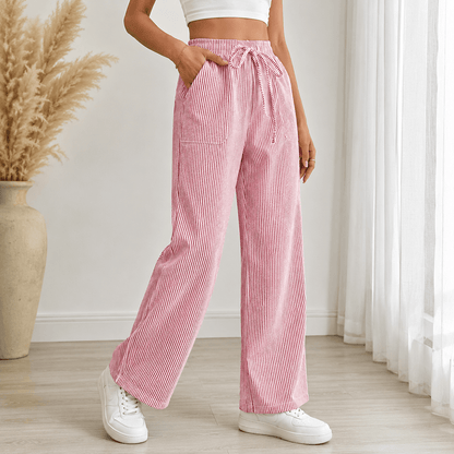 Women’s Striped Drawstring Wide Leg Trousers with Pockets