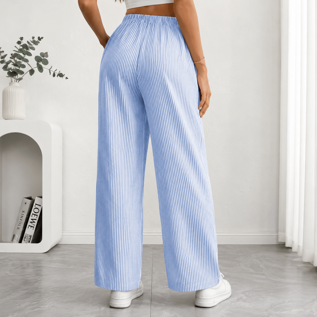 Women’s Striped Drawstring Wide Leg Trousers with Pockets