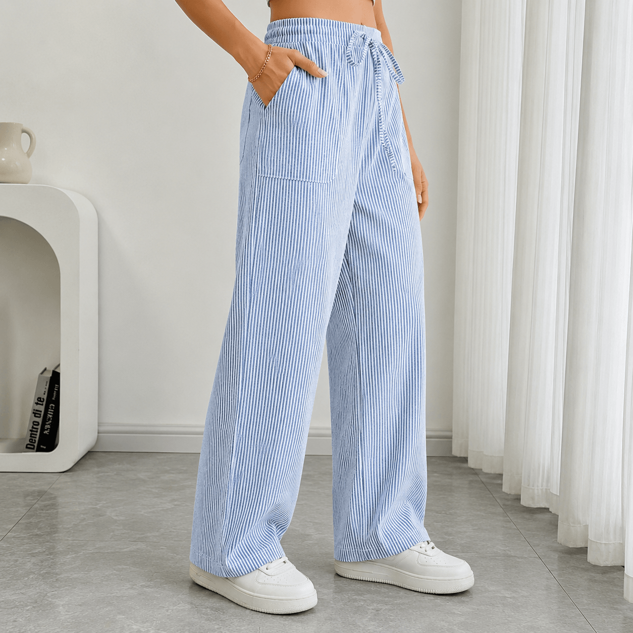 Women’s Striped Drawstring Wide Leg Trousers with Pockets