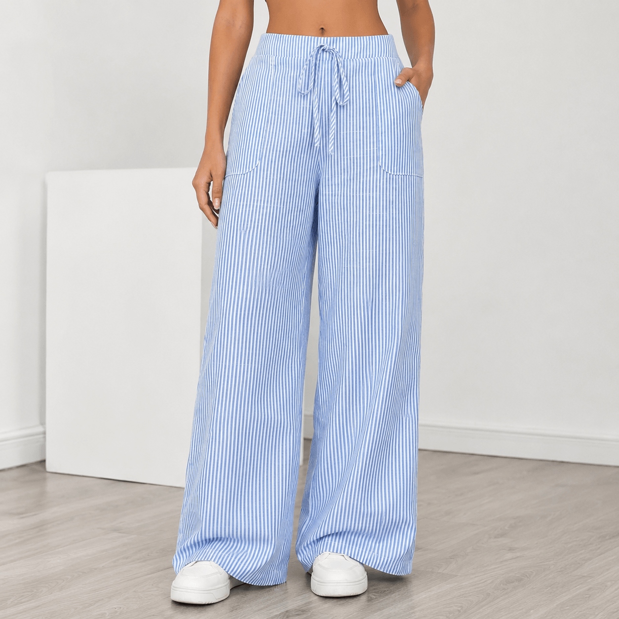 Women’s Striped Drawstring Wide Leg Trousers with Pockets