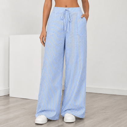 Women’s Striped Drawstring Wide Leg Trousers with Pockets