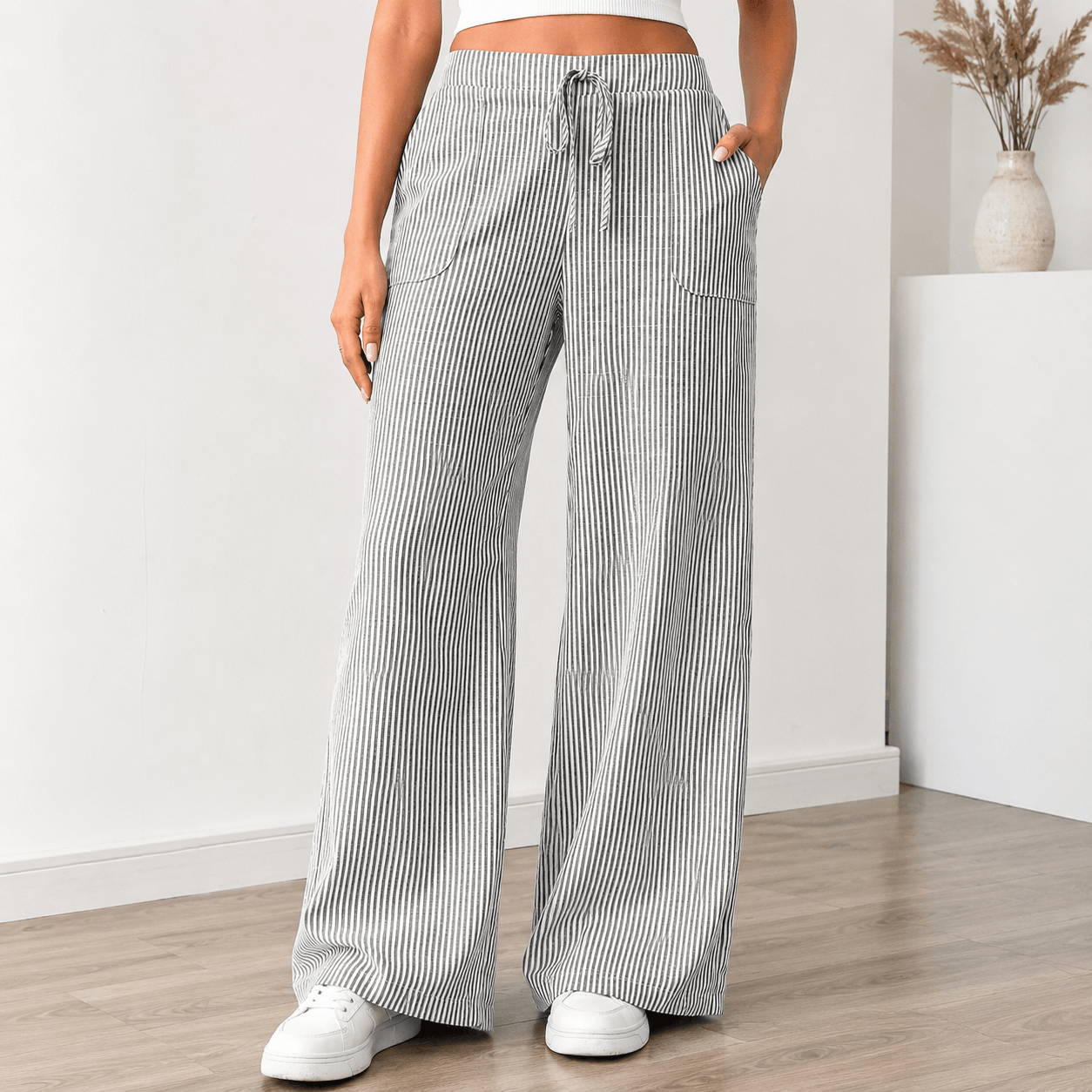 Women’s Striped Drawstring Wide Leg Trousers with Pockets