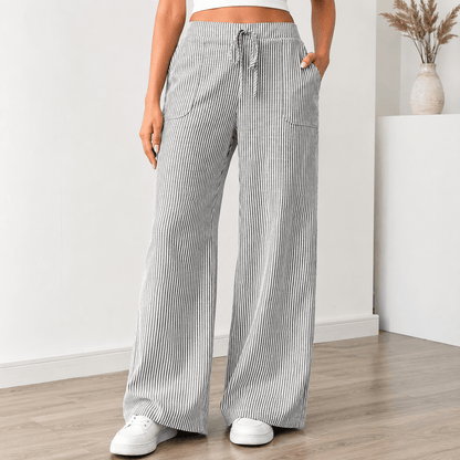 Women’s Striped Drawstring Wide Leg Trousers with Pockets