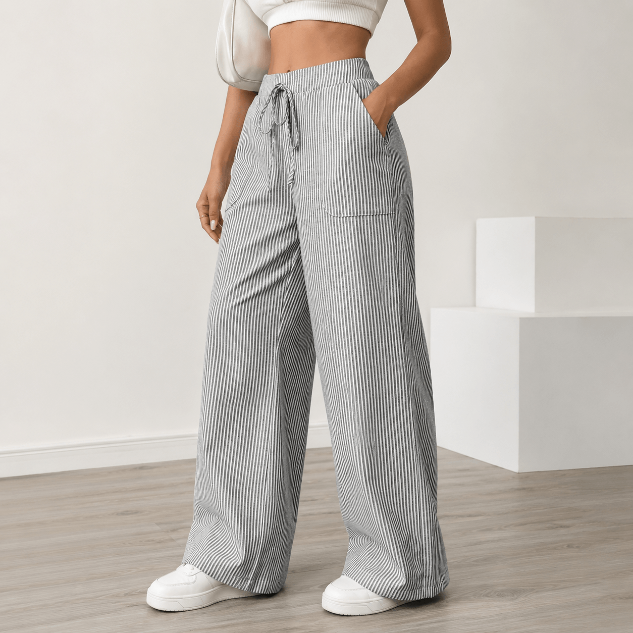Women’s Striped Drawstring Wide Leg Trousers with Pockets