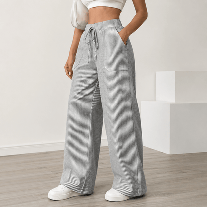 Women’s Striped Drawstring Wide Leg Trousers with Pockets