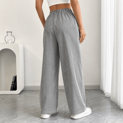 Women’s Striped Drawstring Wide Leg Trousers with Pockets