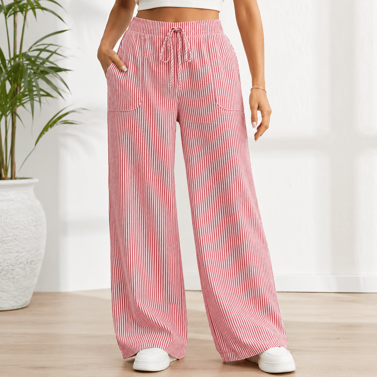 Women’s Striped Drawstring Wide Leg Trousers with Pockets
