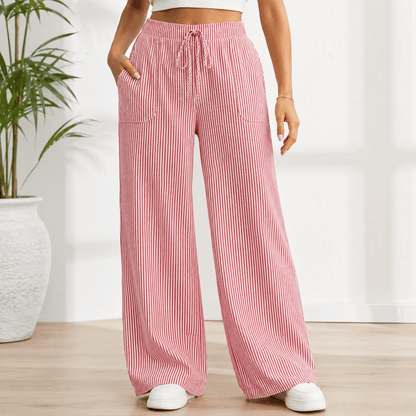 Women’s Striped Drawstring Wide Leg Trousers with Pockets