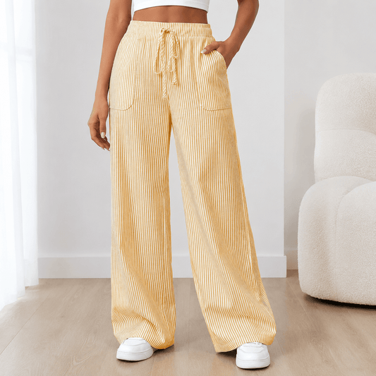Women’s Striped Drawstring Wide Leg Trousers with Pockets