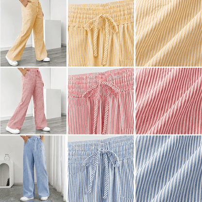 Women’s Striped Drawstring Wide Leg Trousers with Pockets