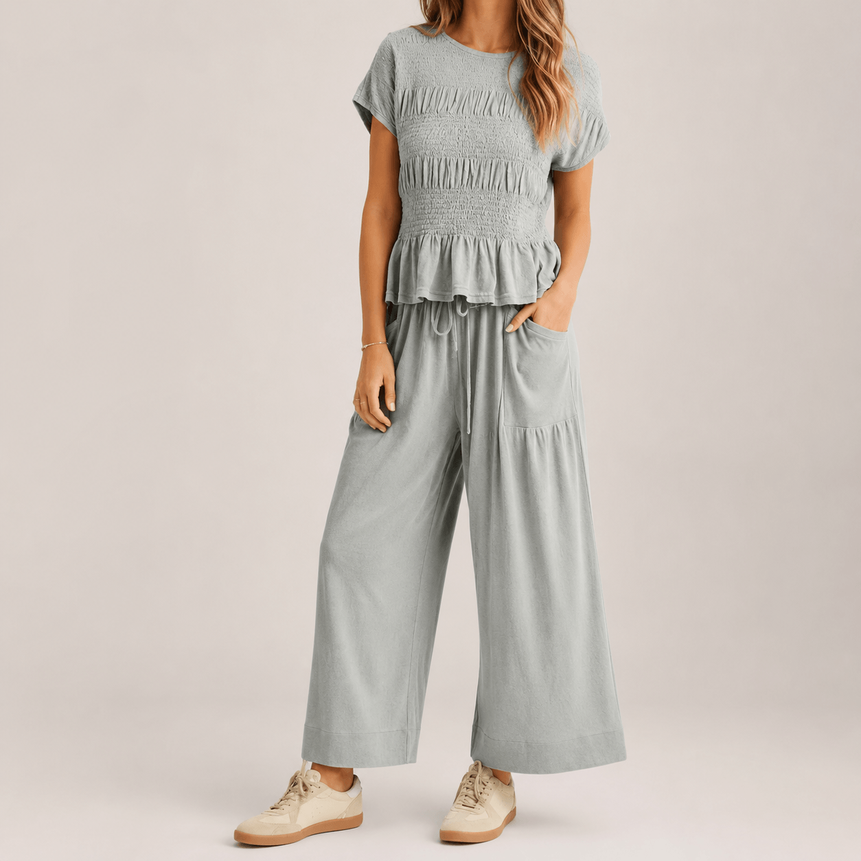 Women’s Peplum Top & Wide Leg Trousers Co-Ord Set