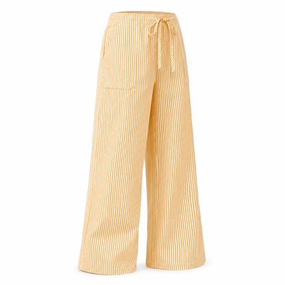 Women’s Striped Drawstring Wide Leg Trousers with Pockets