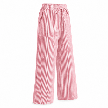 Women’s Striped Drawstring Wide Leg Trousers with Pockets