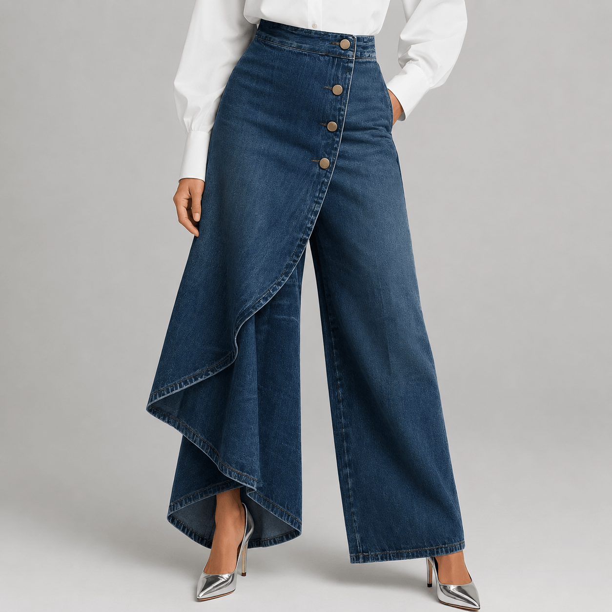 Women’s High Waisted Denim Wrap Wide Leg Trousers