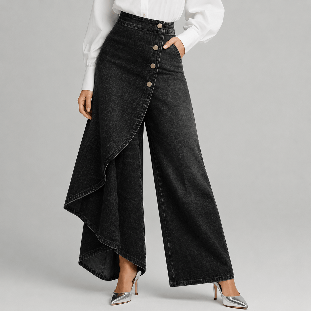 Women’s High Waisted Denim Wrap Wide Leg Trousers