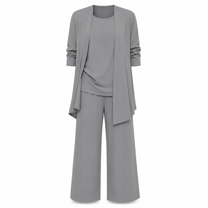 Women’s Round Neck Long Sleeve 3 Piece Co-Ord Set with Wide Leg Trousers