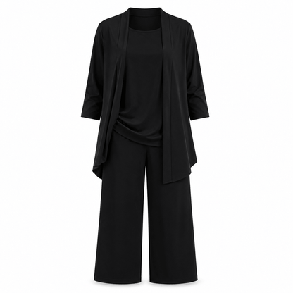 Women’s Round Neck Long Sleeve 3 Piece Co-Ord Set with Wide Leg Trousers